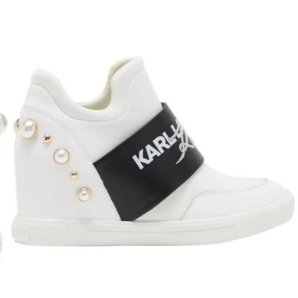 NEW Karl Lagerfeld Paris Charsi High Heel Sneakers Size 7M Women’s White Pearl